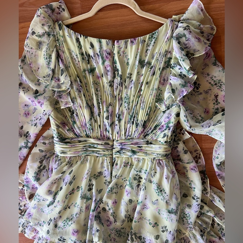 Mac Duggal Tiered A Line Long Sleeve Chiffon Gown Green Floral Maxi Sz 4 - Picture 10 of 15